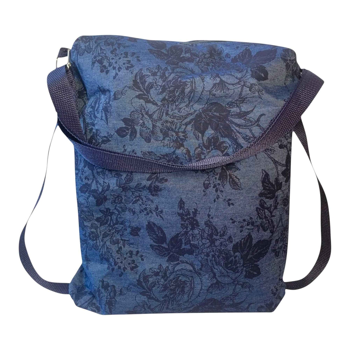 Convertible Denim Tote to Backpack | Handmade Floral Bag | Dark Blue with Black Flowers