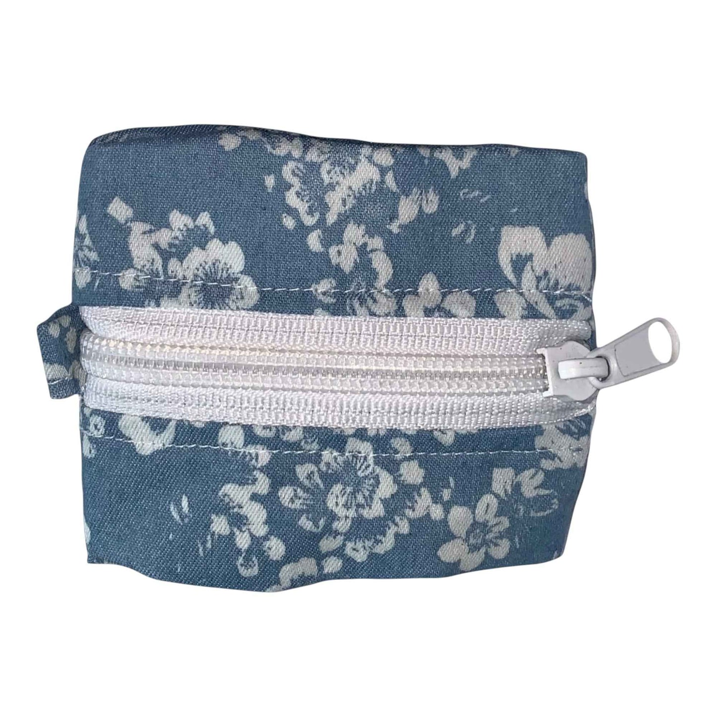 Sweet Denim Pouch with White Floral Print – Handmade Mini Case for AirPods & Essentials