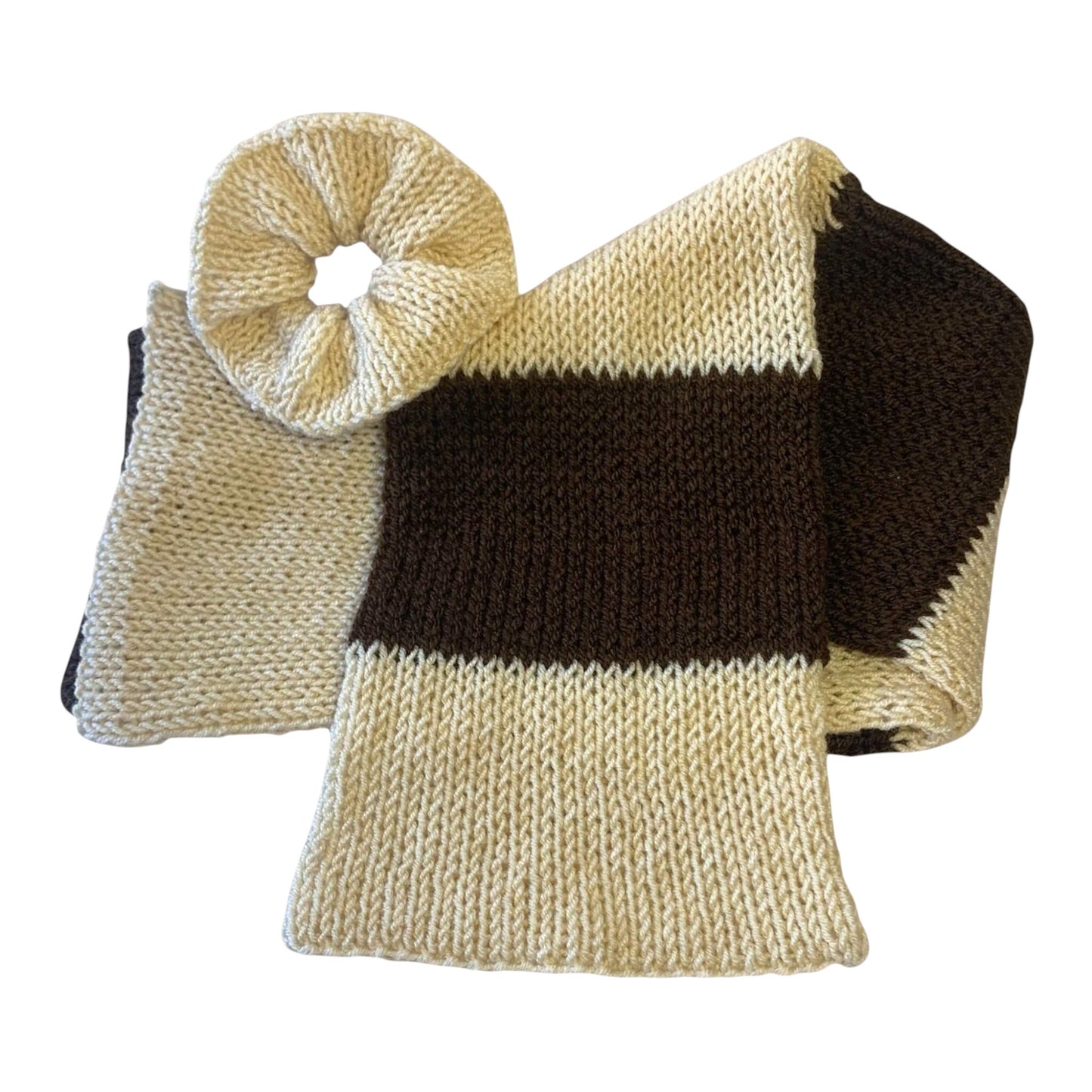 handmadeco brown and beige scarf with matching beige scrunchie, cozy for cold days or daily wear.