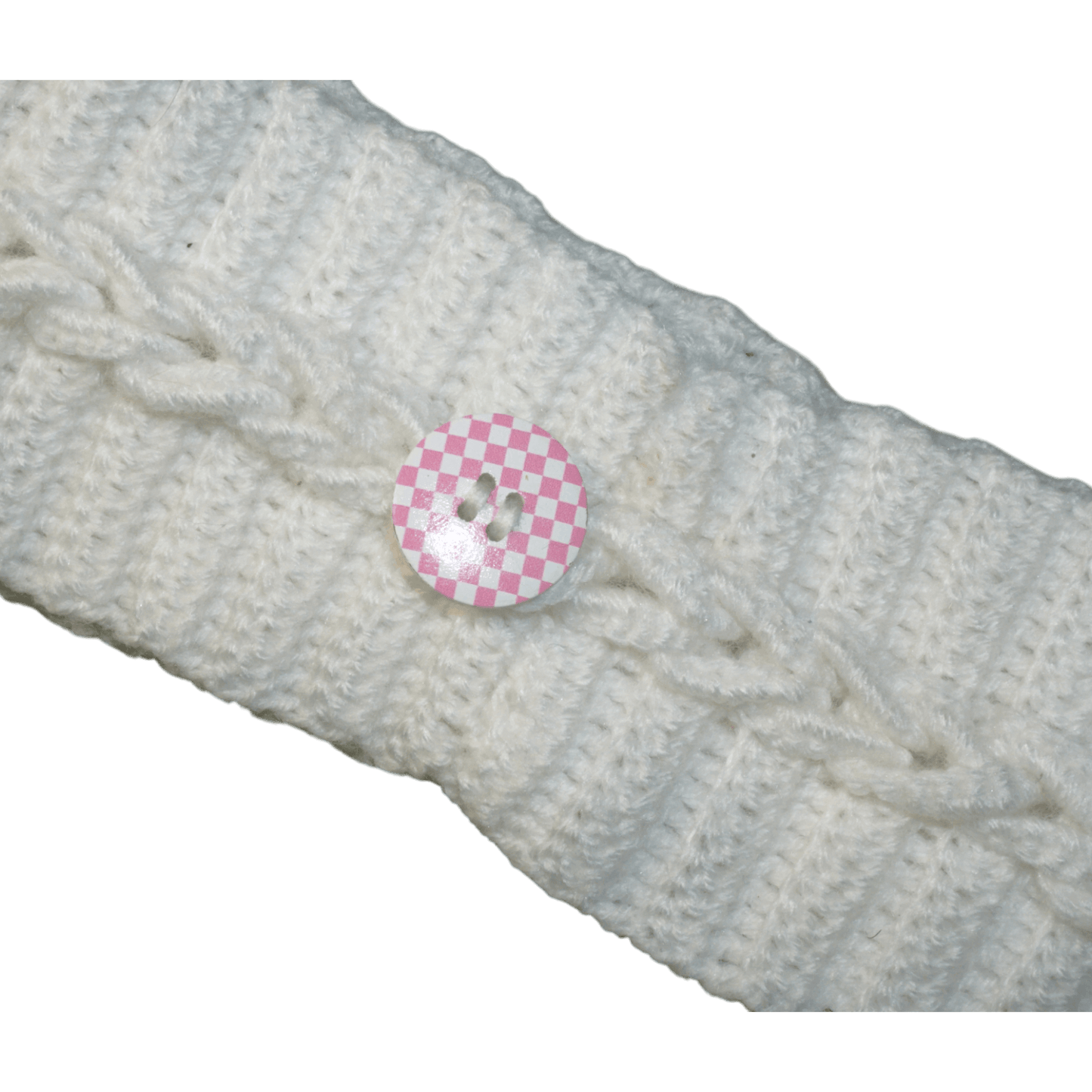White knitted headband with a pink and white button