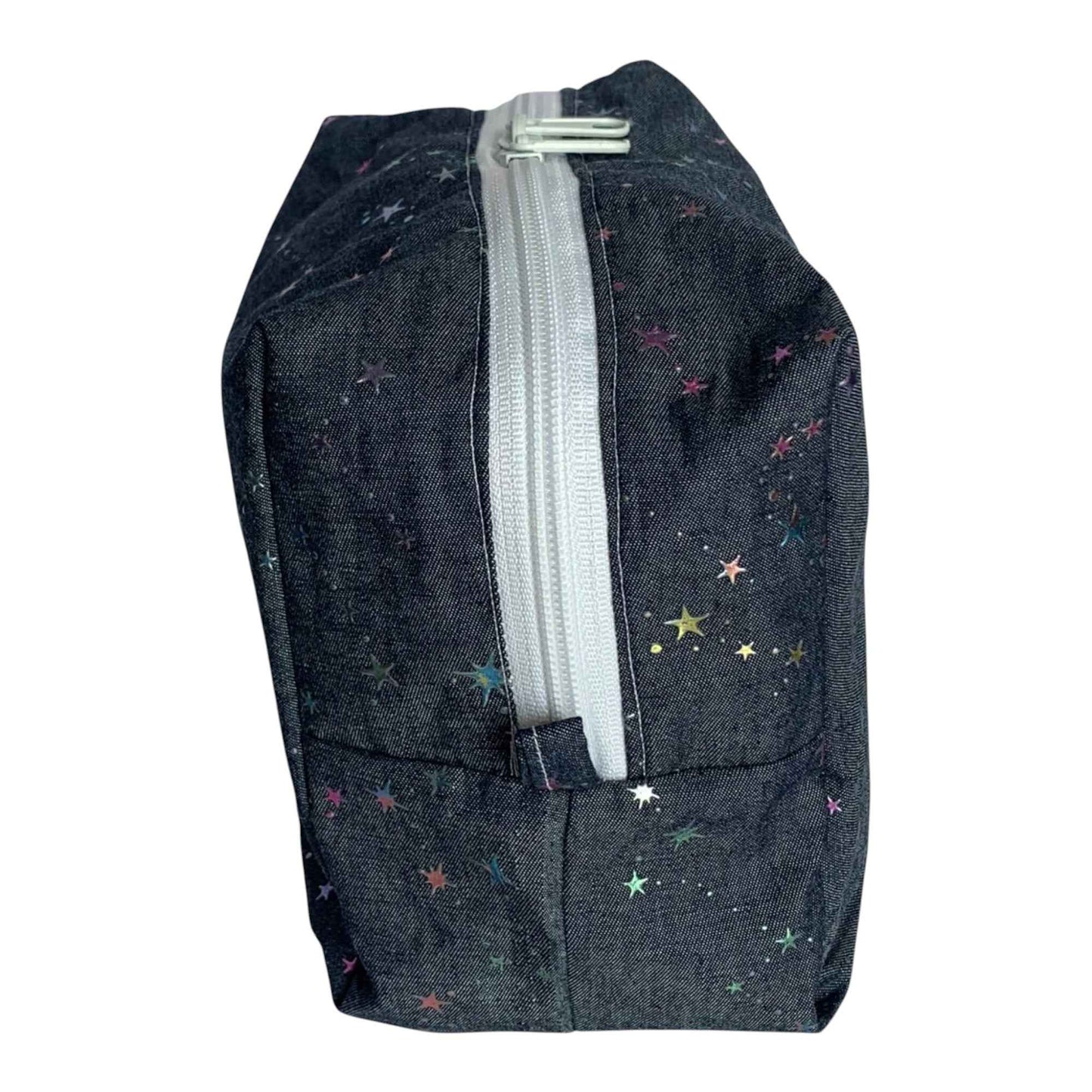 Denim Makeup Bag with Iridescent Pastel Stars – Zipper Organizer with Inner Pockets