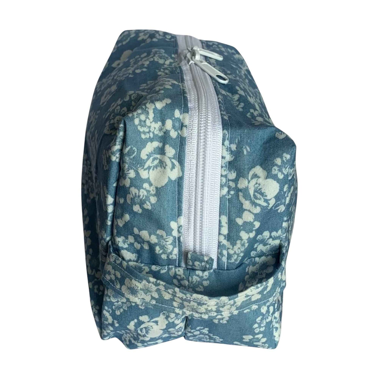 Floral Light Denim Organizer Pouch – Handmade Makeup Bag with Inner Pockets