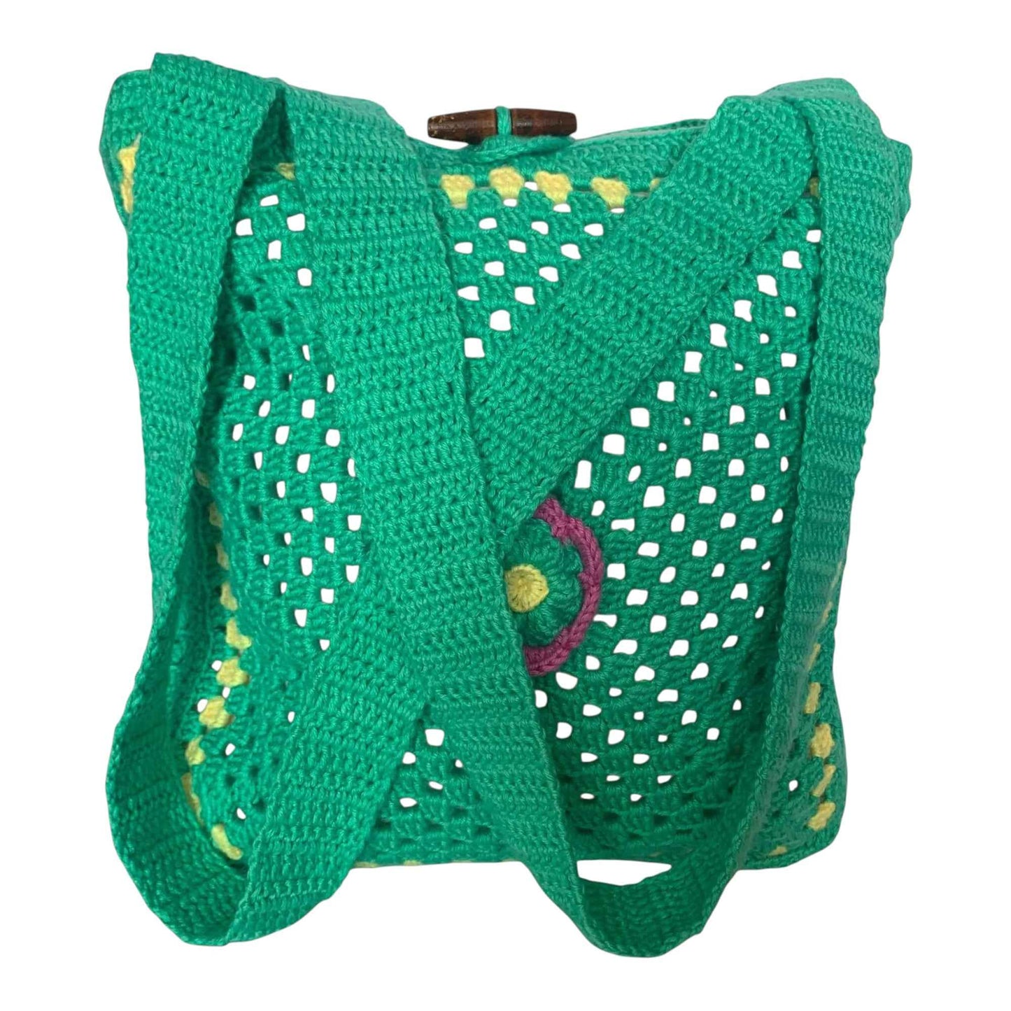 Green Crochet Tote Bag with Flower | Handmade Lined Shoulder Bag