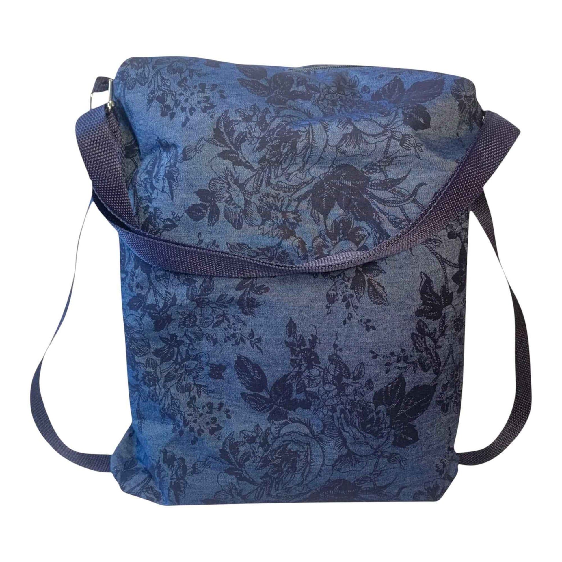Convertible Denim Tote to Backpack | Handmade Floral Bag | Dark Blue with Black Flowers