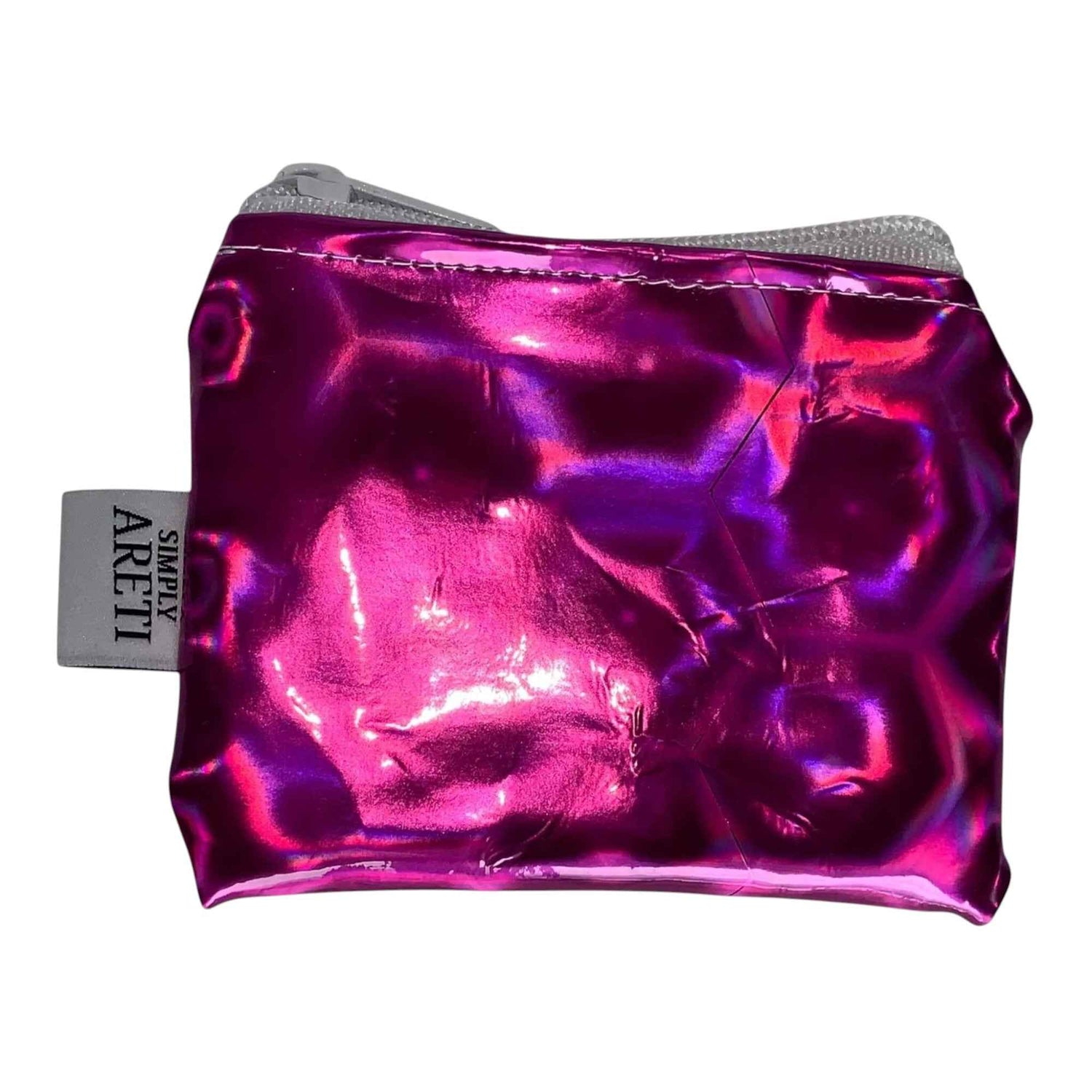 Fuchsia Iridescent Mini Pouch – Holographic Metallic Zipper Wallet for Coins, Makeup & More
