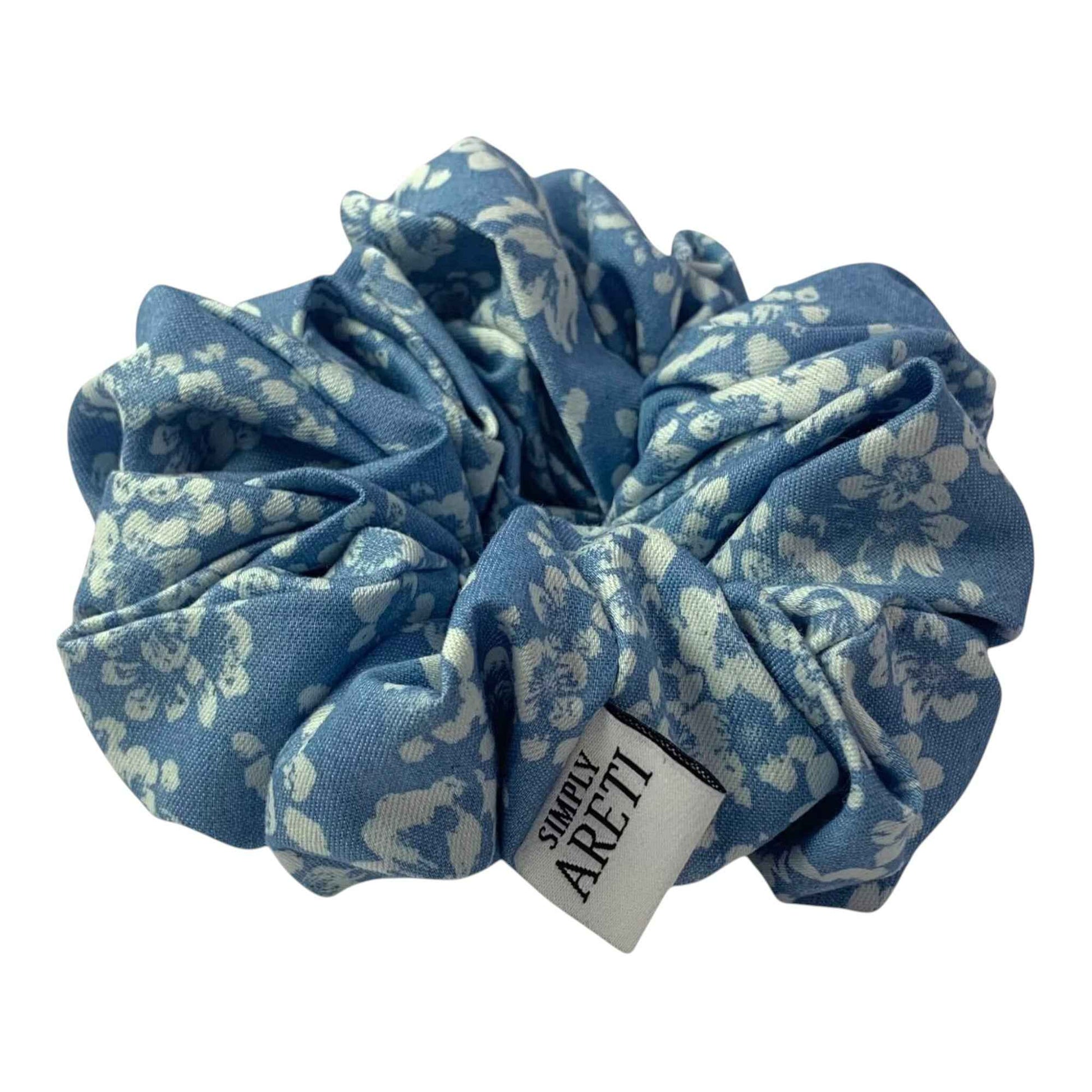Extra Long Light Denim Scrunchie with White Flowers XL