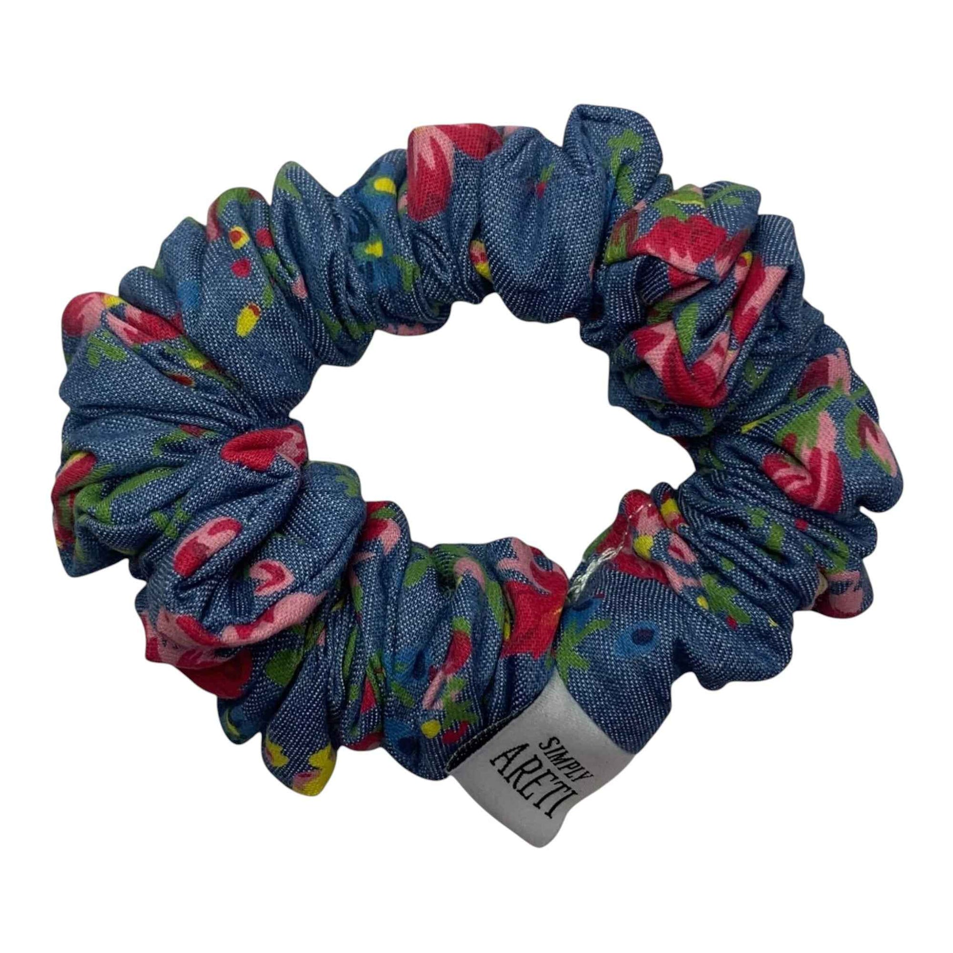 Extra Long Denim Florar Scrunchie – Handmade in XS