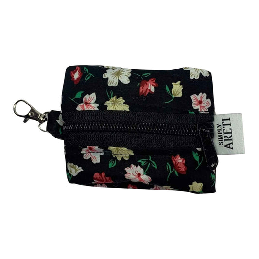 Black Floral Mini Pouch with Keychain – Handmade Soft Padded Case for AirPods & Essentials