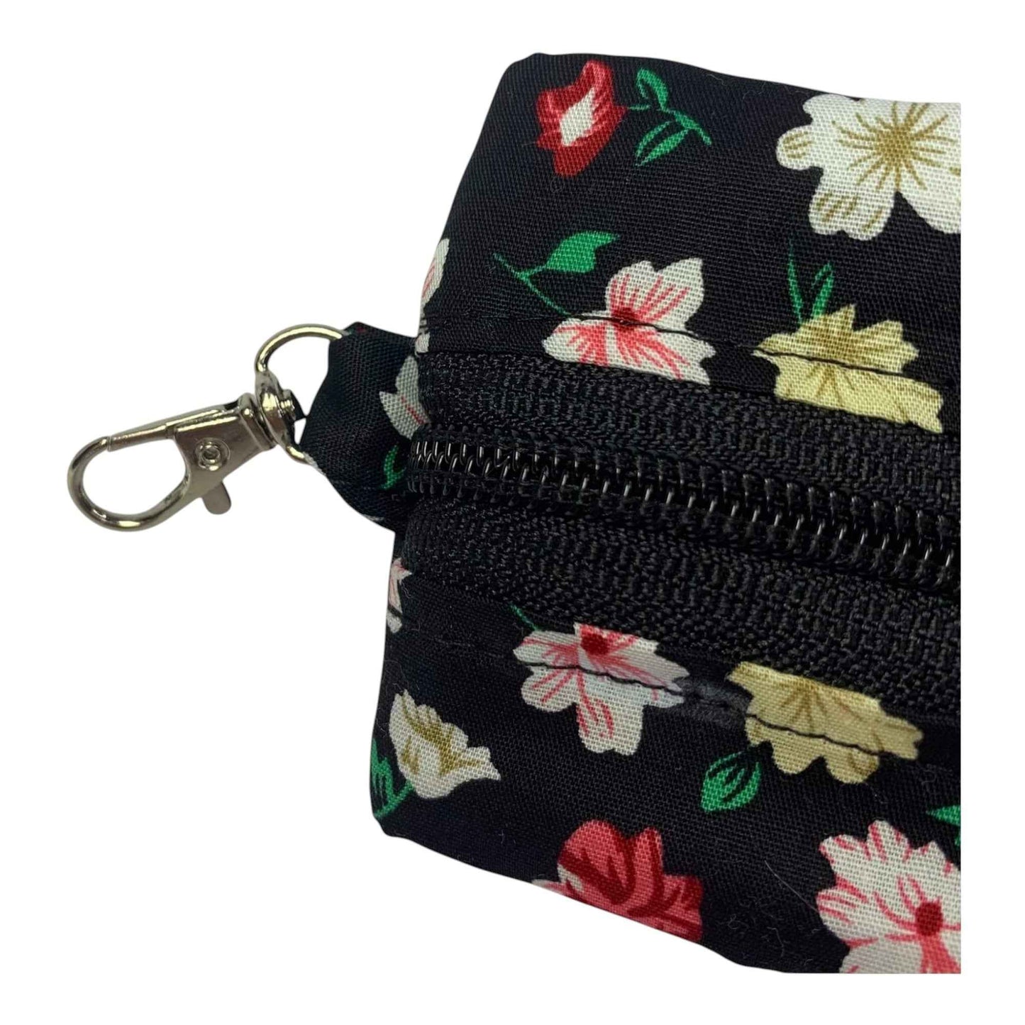 Black Floral Mini Pouch with Keychain – Handmade Soft Padded Case for AirPods & Essentials