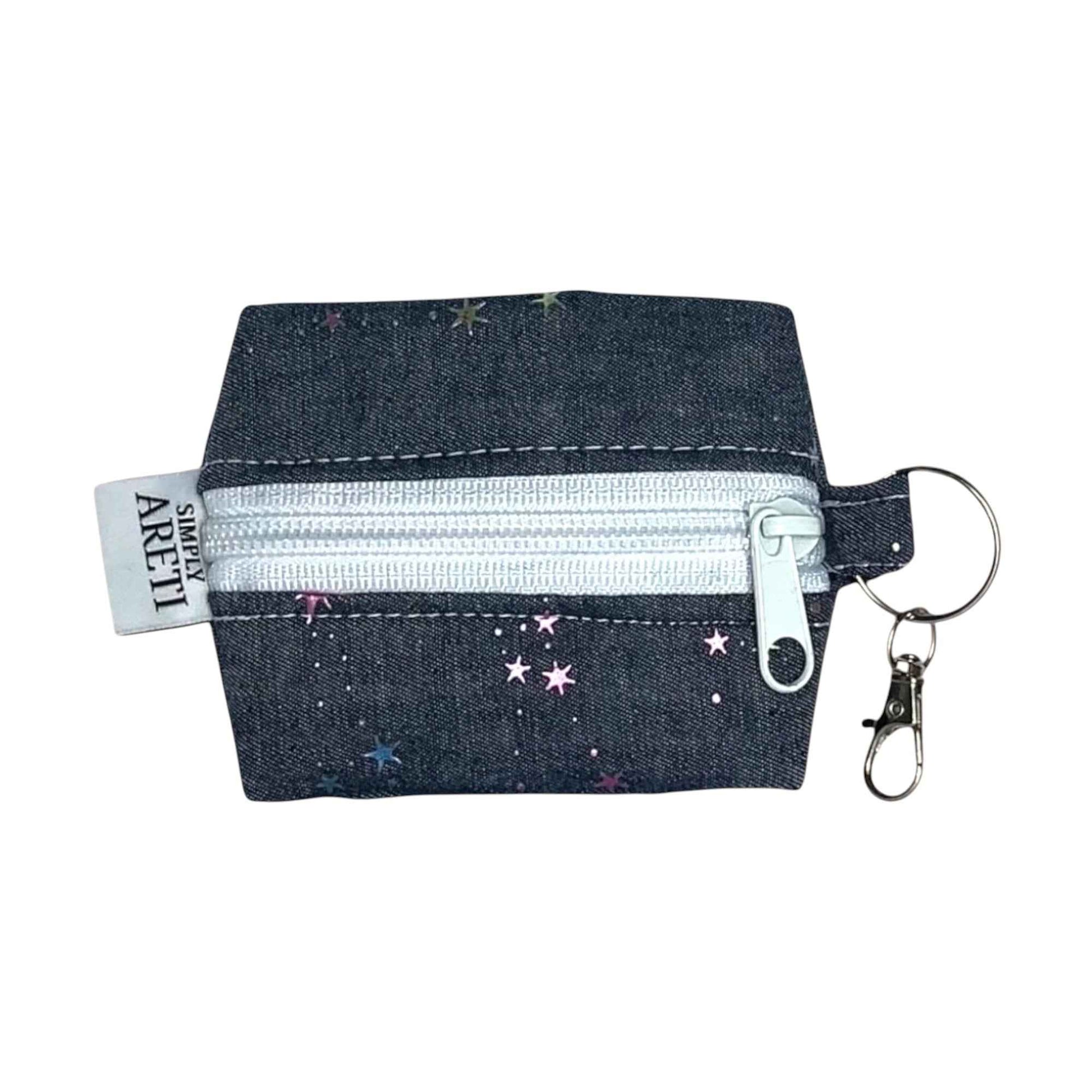 Dreamy Denim Pouch with Pastel Iridescent Stars – Handmade Keychain Case for AirPods & Essentials