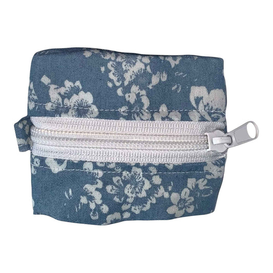 Sweet Denim Pouch with White Floral Print – Handmade Mini Case for AirPods & Essentials