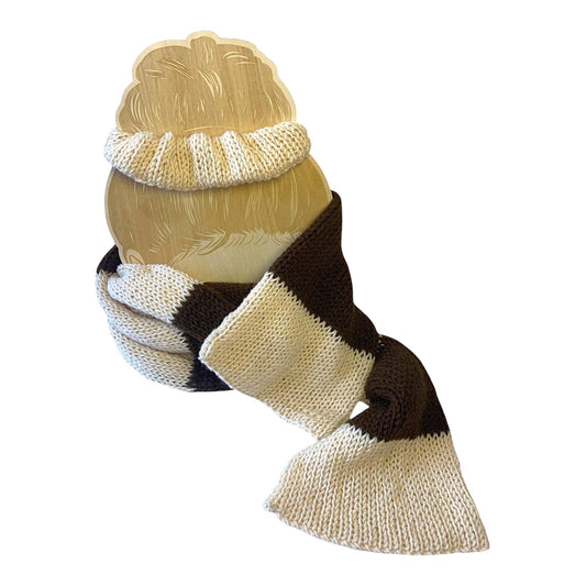 handmadeco brown and beige scarf with matching beige scrunchie, cozy for cold days or daily wear. 