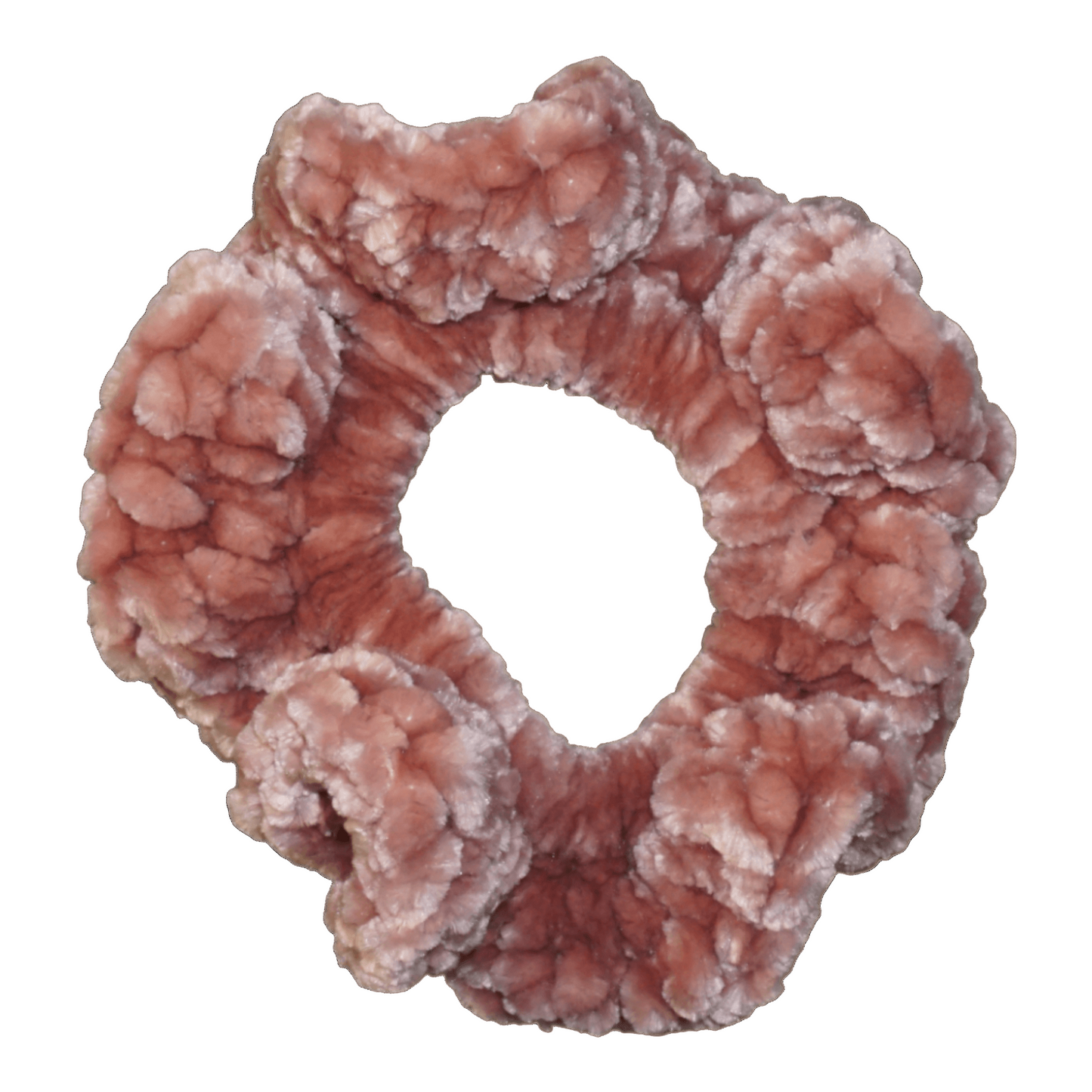 dusty pink fluffy crochet scrunchie