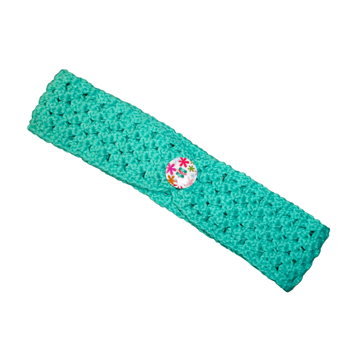 Green knitted headband with a colorful button