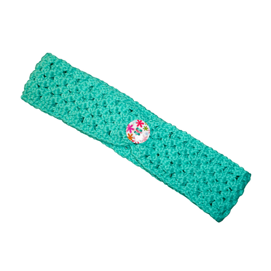 Green knitted headband with a colorful button