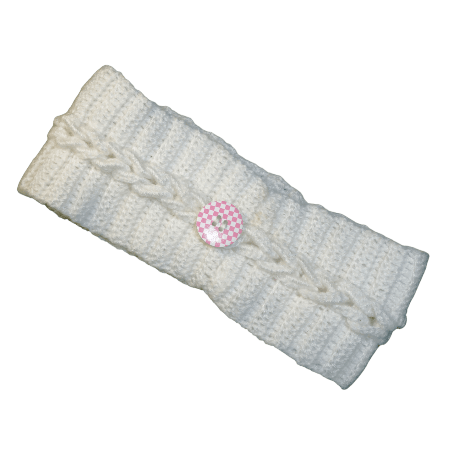 White knitted headband with a pink button