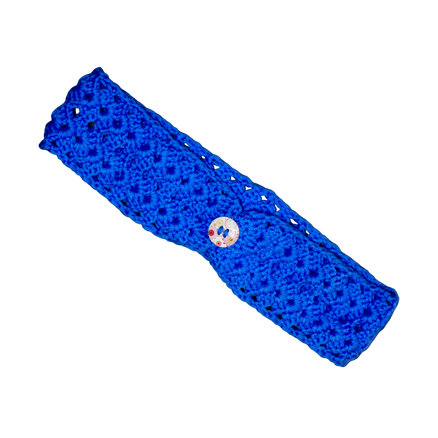 Blue knitted headband with a button 