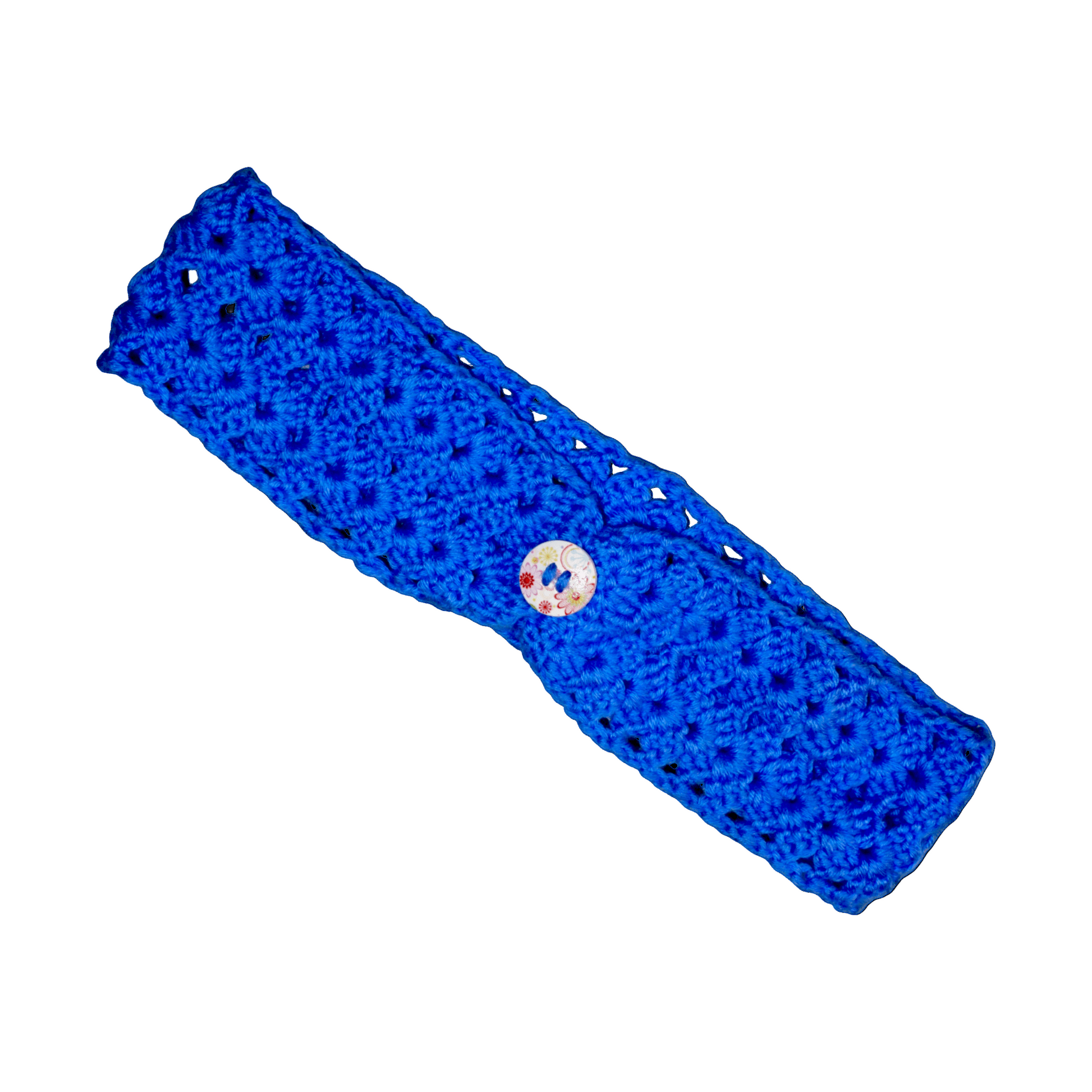 Blue knitted headband with a button 