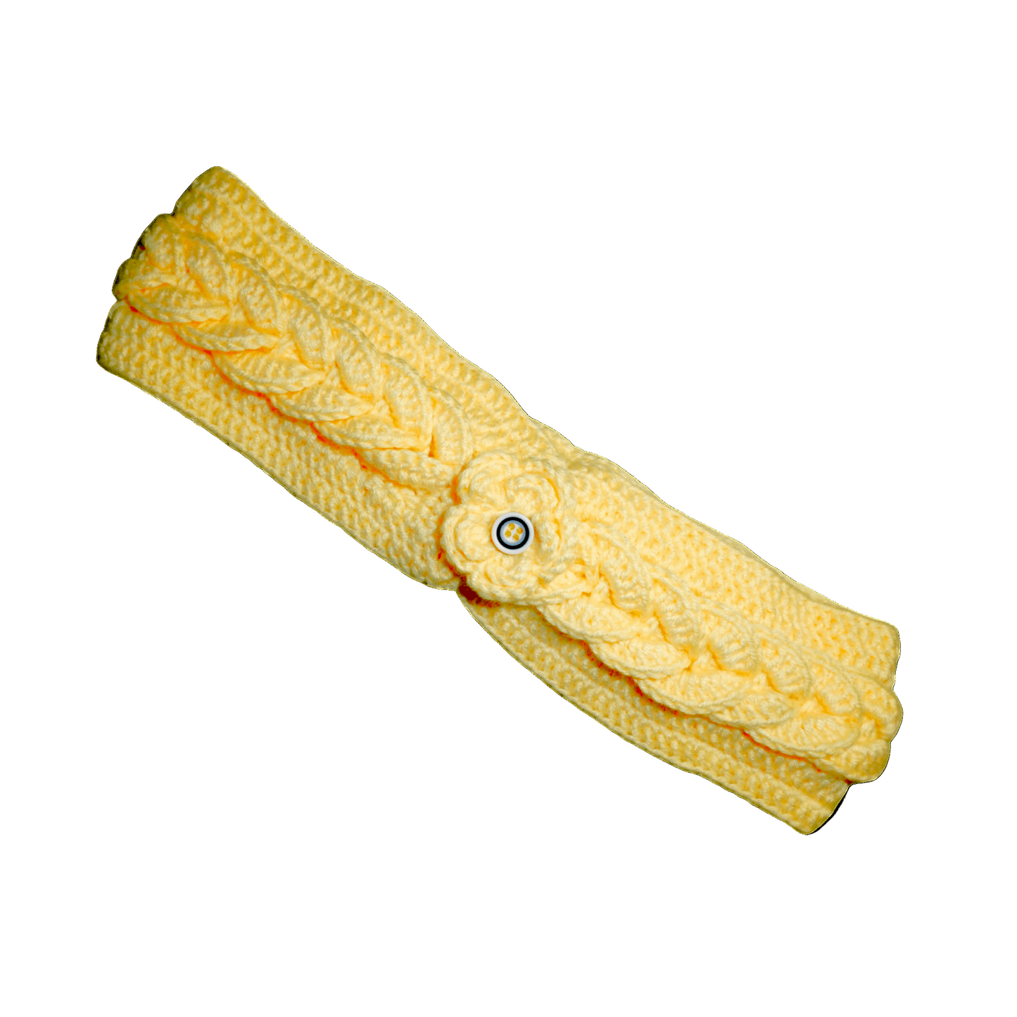 Yellow knitted headband with a button