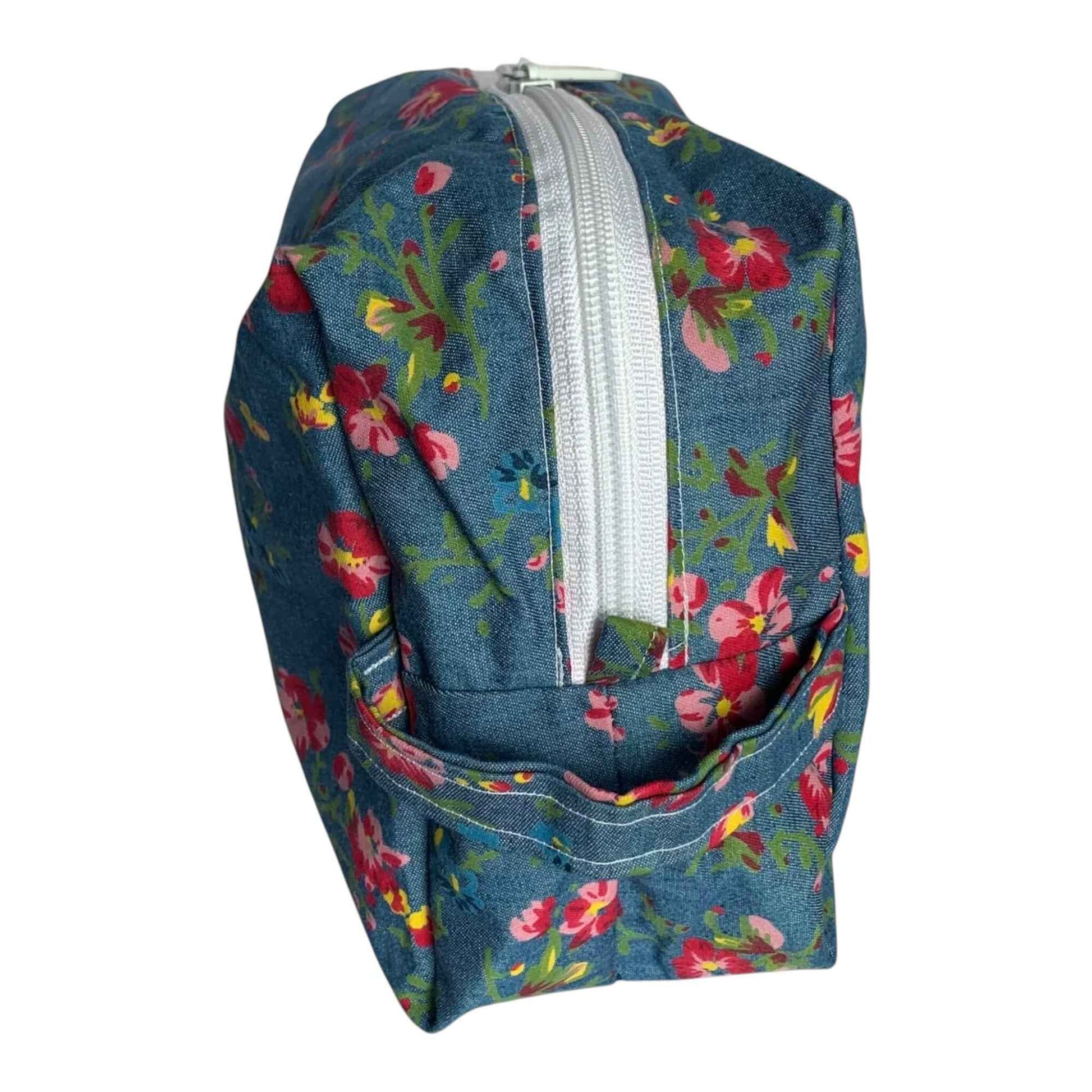 Blossom Denim Pouch – Floral Organizer with Inner Pockets