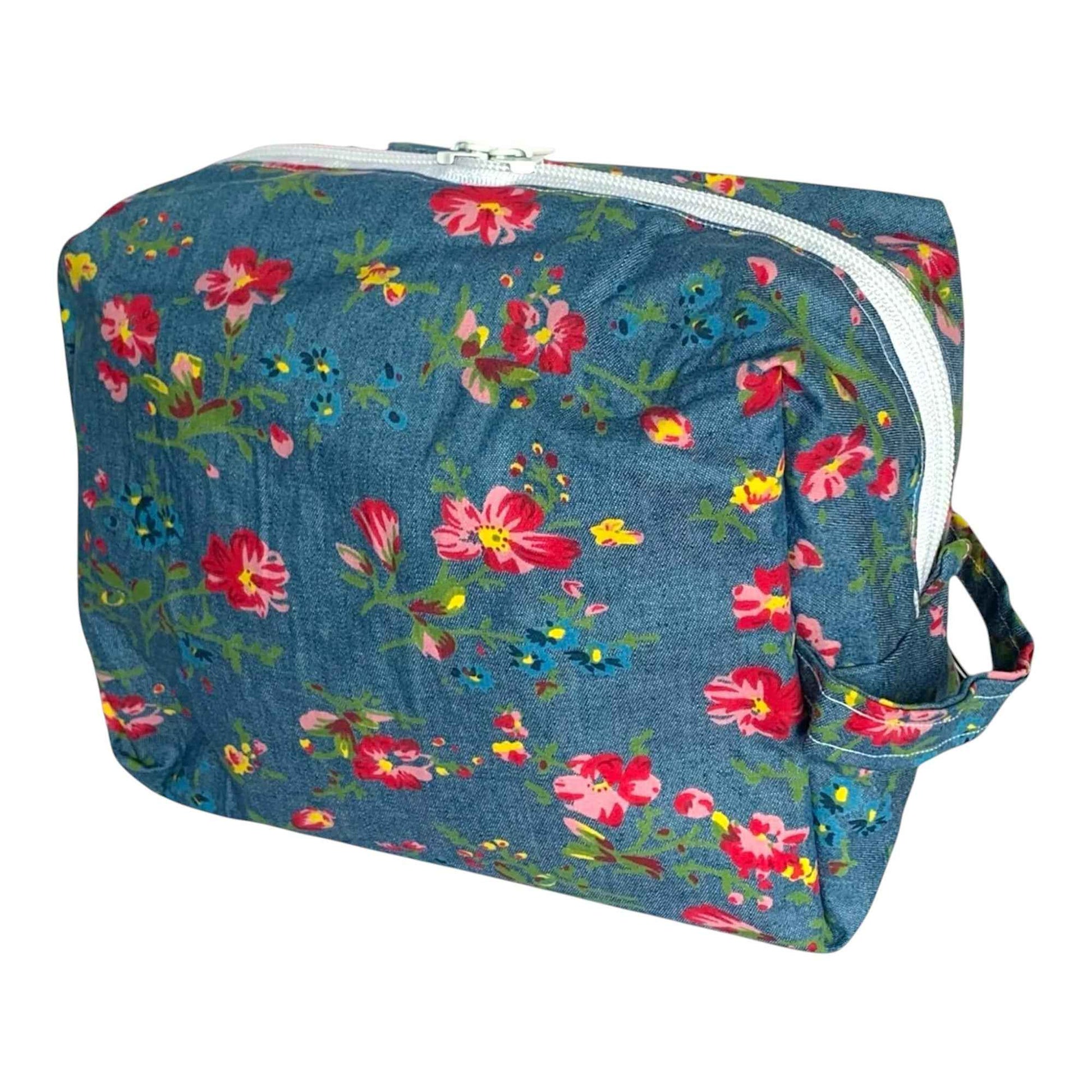 Blossom Denim Pouch – Floral Organizer with Inner Pockets