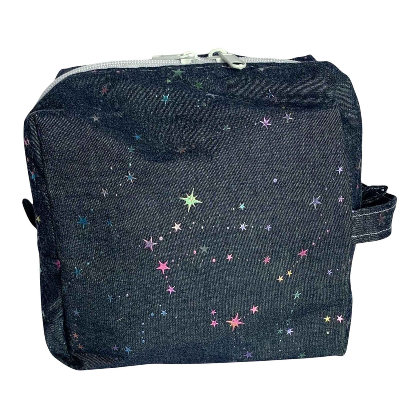 Denim Makeup Bag with Iridescent Pastel Stars – Zipper Organizer with Inner Pockets