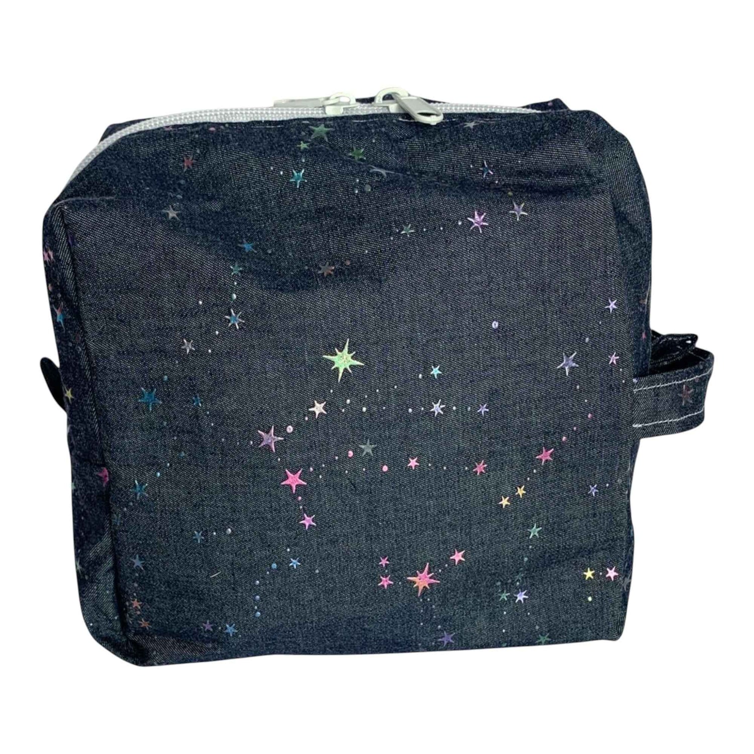Denim Makeup Bag with Iridescent Pastel Stars – Zipper Organizer with Inner Pockets