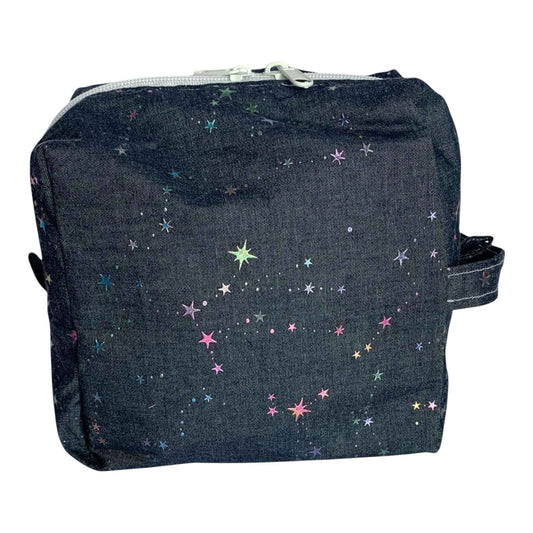 Denim Makeup Bag with Iridescent Pastel Stars – Zipper Organizer with Inner Pockets