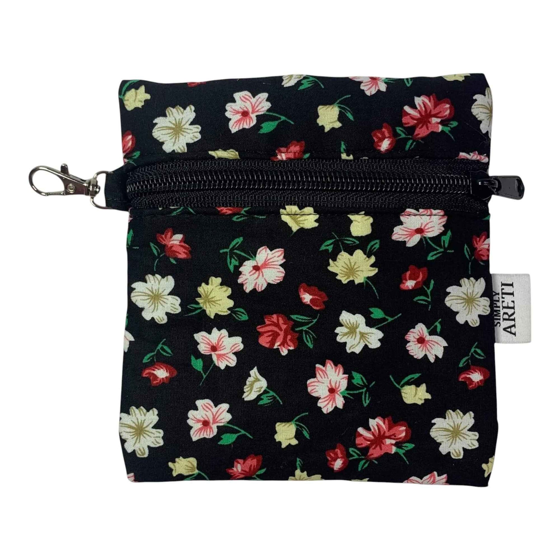 Elegant Black Floral Pouch with Keychain – Small Handmade Organizer