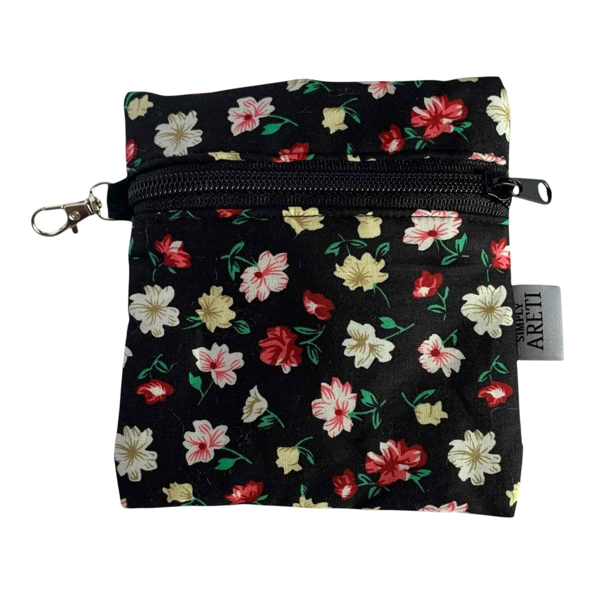 Elegant Black Floral Pouch with Keychain – Small Handmade Organizer