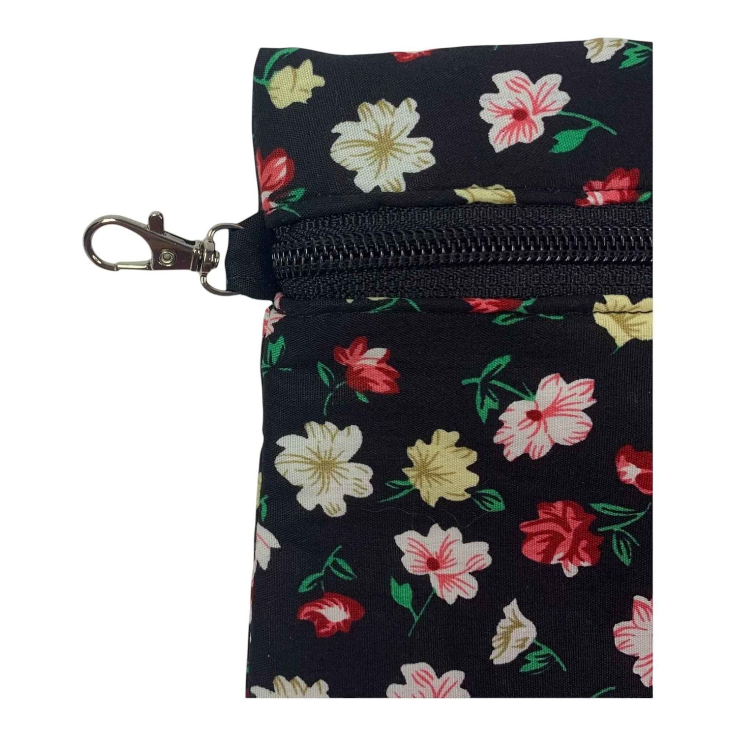 Elegant Black Floral Pouch with Keychain – Small Handmade Organizer