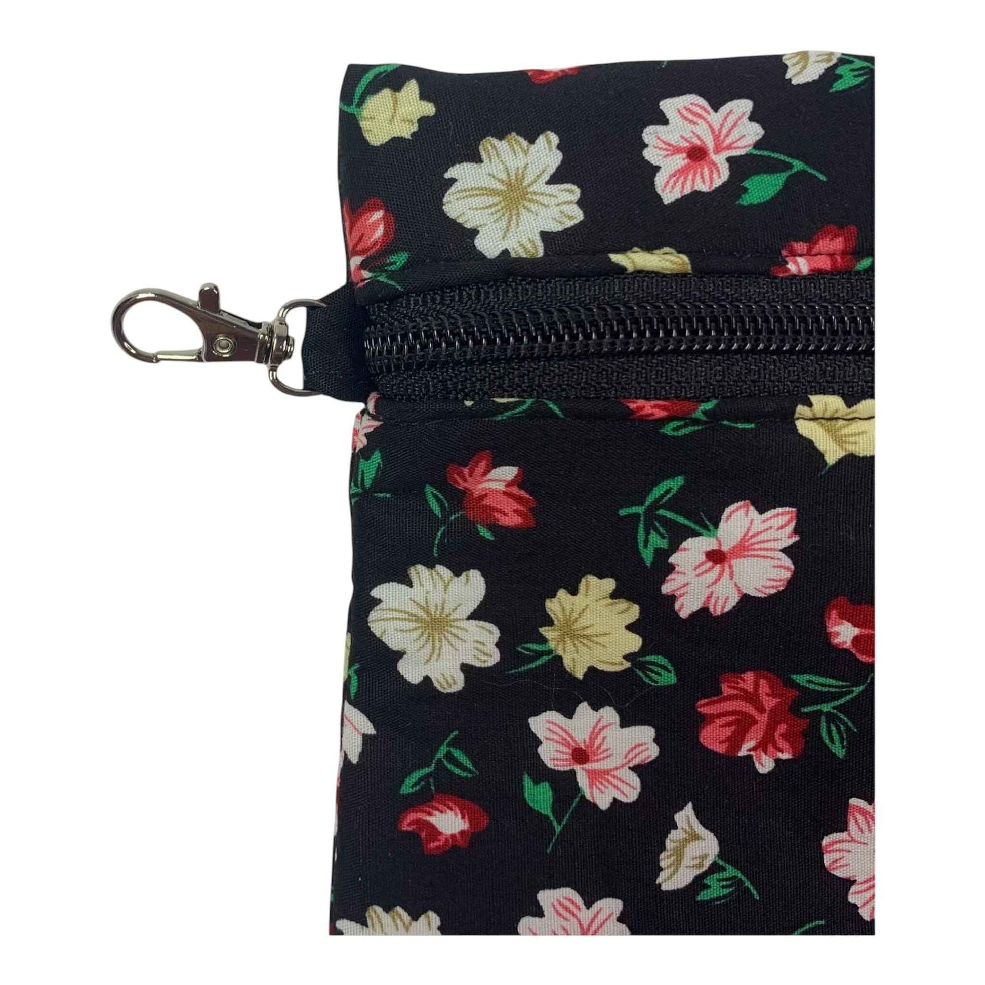 Elegant Black Floral Pouch with Keychain – Small Handmade Organizer