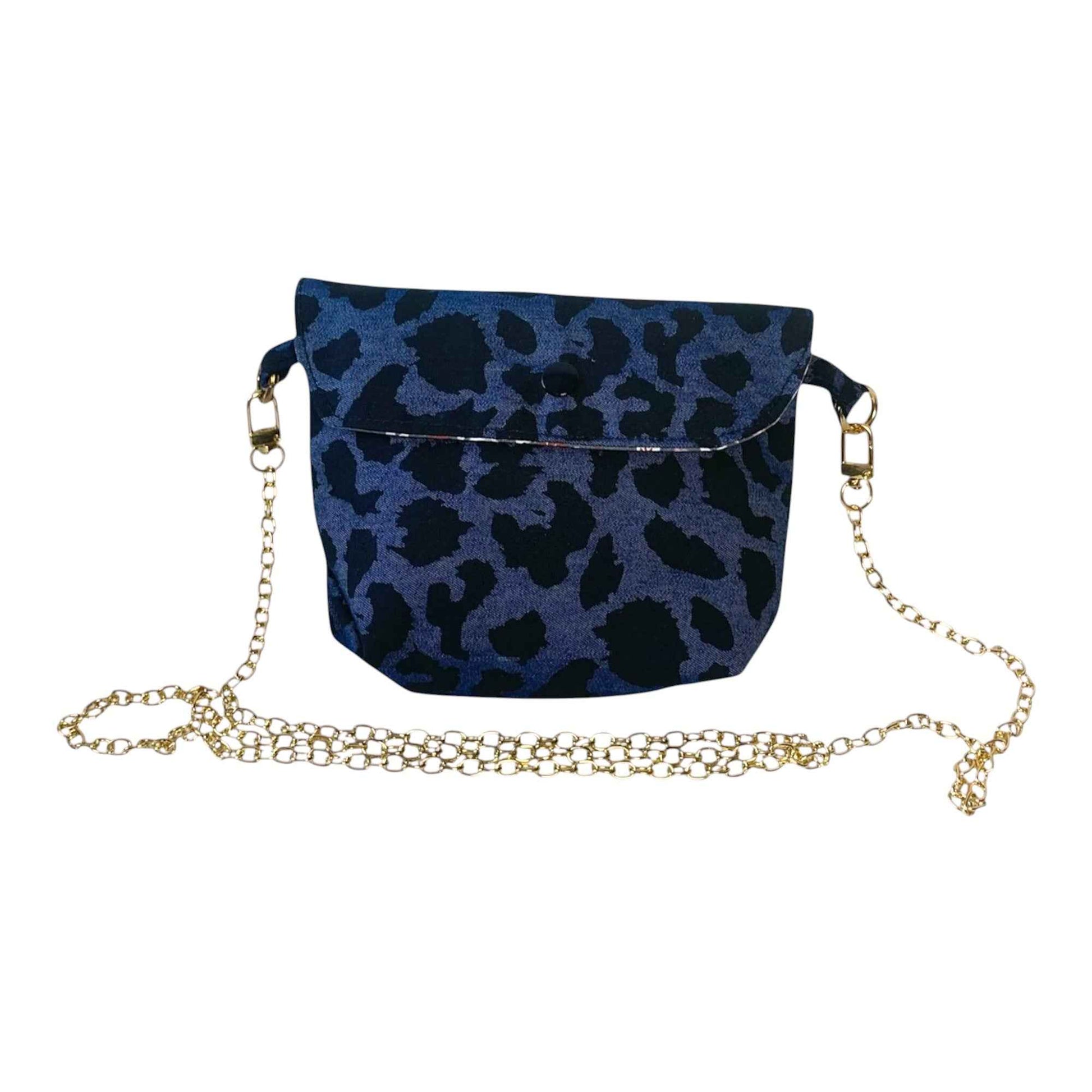Dark Denim Leopard Print Bag | Small Fabric Crossbody | Waist or Stroller Bag