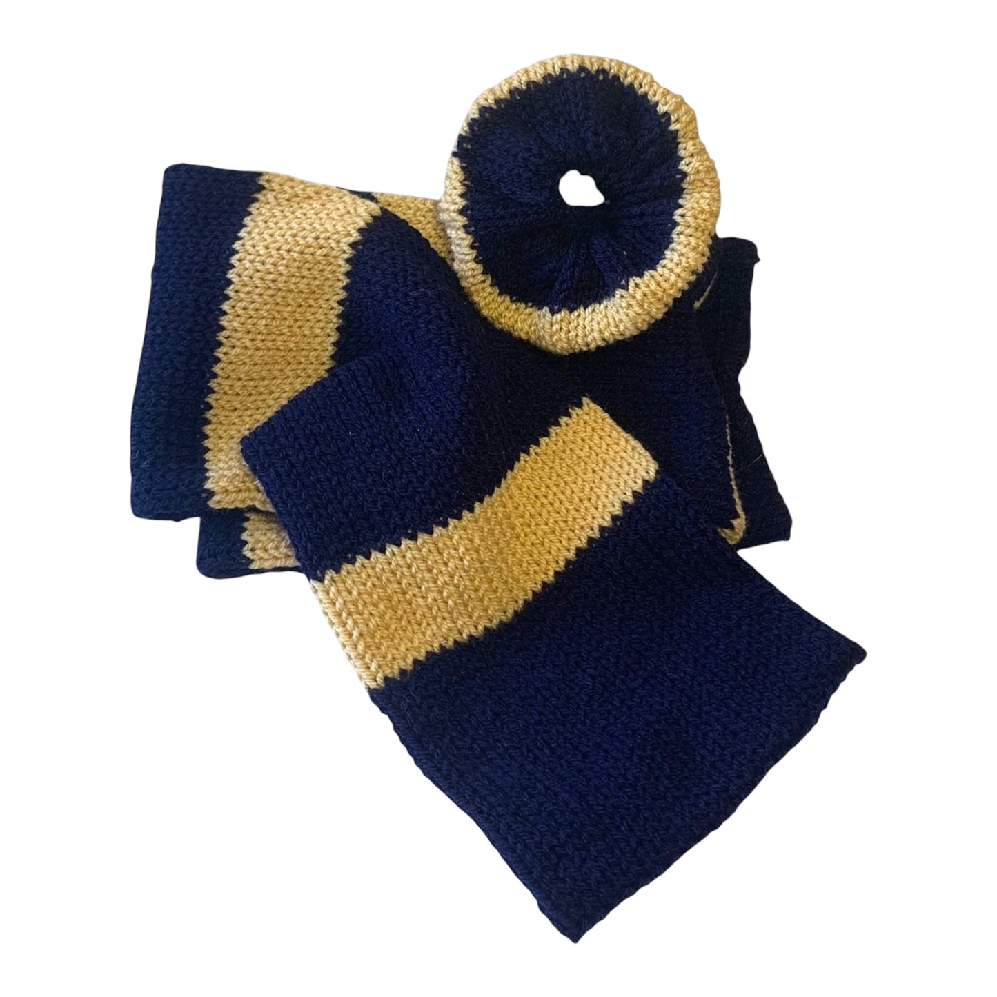 handmade Navy and beige striped scarf with matching scrunchie,cozy for cold days or daily wear.