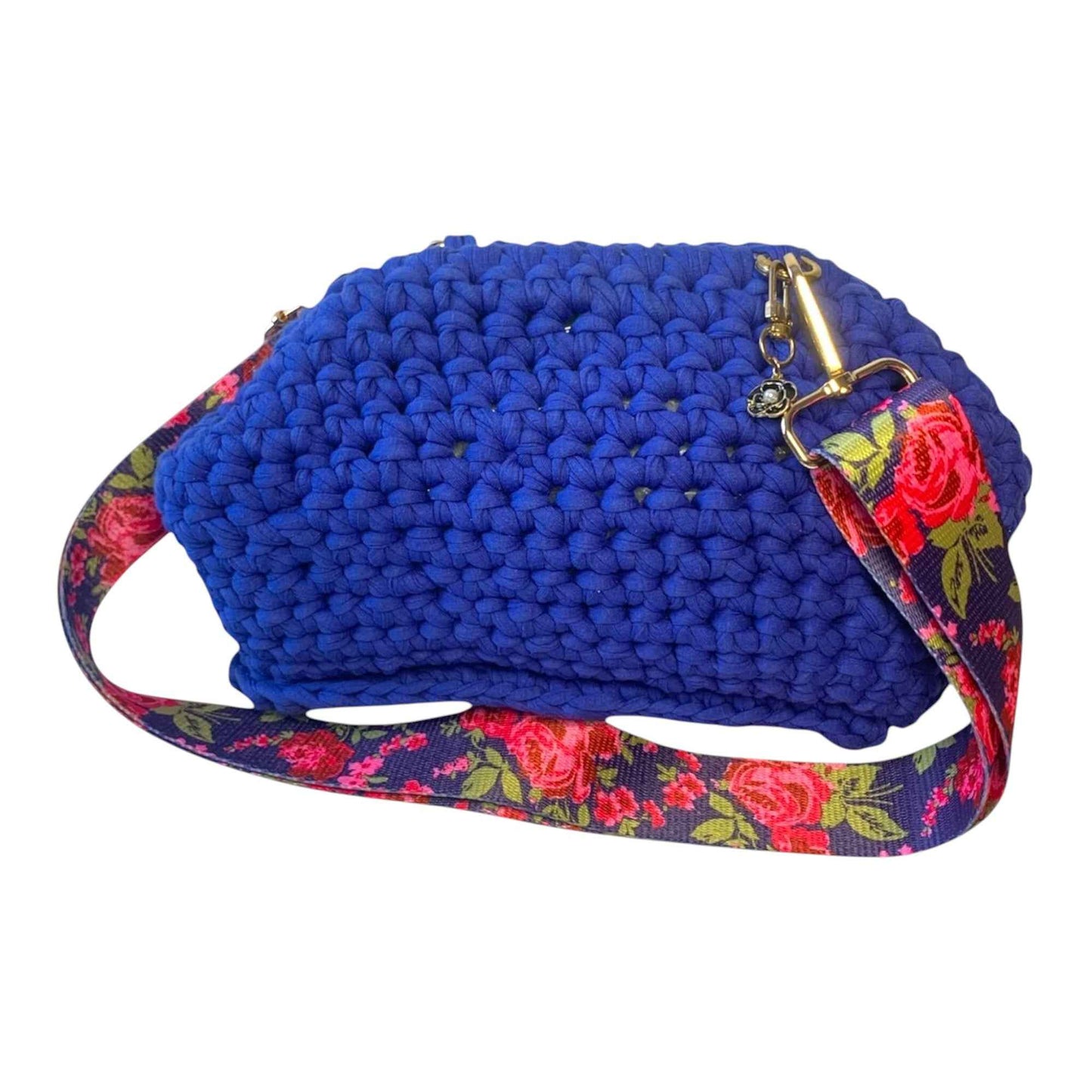 Bold Blue Crochet Clutch Bag | Handmade Purse with Floral Strap