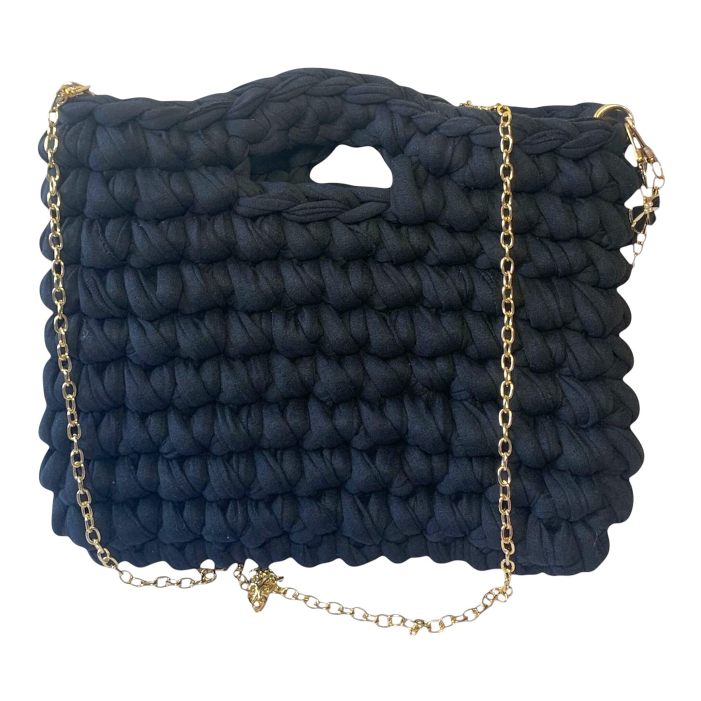 Black knitted handbag from recycled cotton yarn with side chain strap.