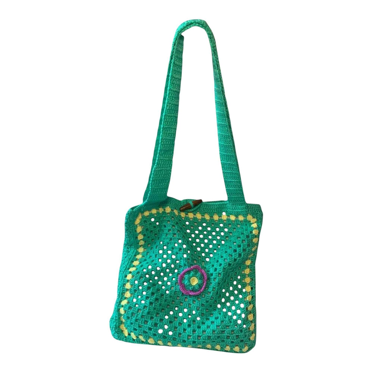 Green Crochet Tote Bag with Flower | Handmade Lined Shoulder Bag