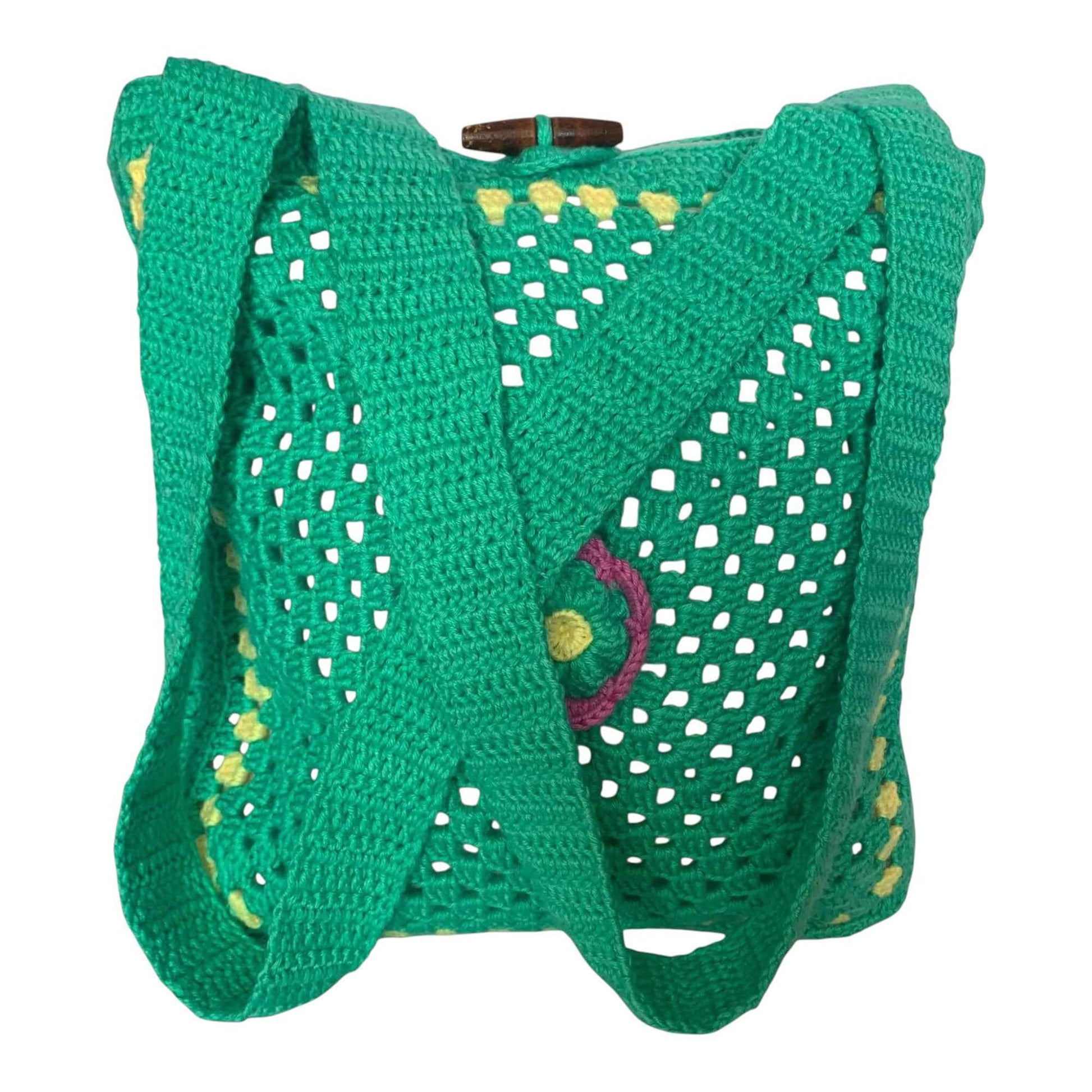 Green Crochet Tote Bag with Flower | Handmade Lined Shoulder Bag